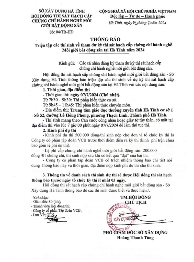 Thông báo Triệu tập thí sinh tham dự kỳ thi sát hạch cấp chứng chỉ hành nghề môi giới bất động sản tại Hà Tĩnh đợt I/ 2024